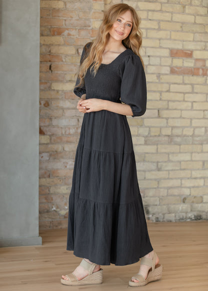 Kayleen Dusty Navy Smocked Bodice Gauze Dress IC Dresses