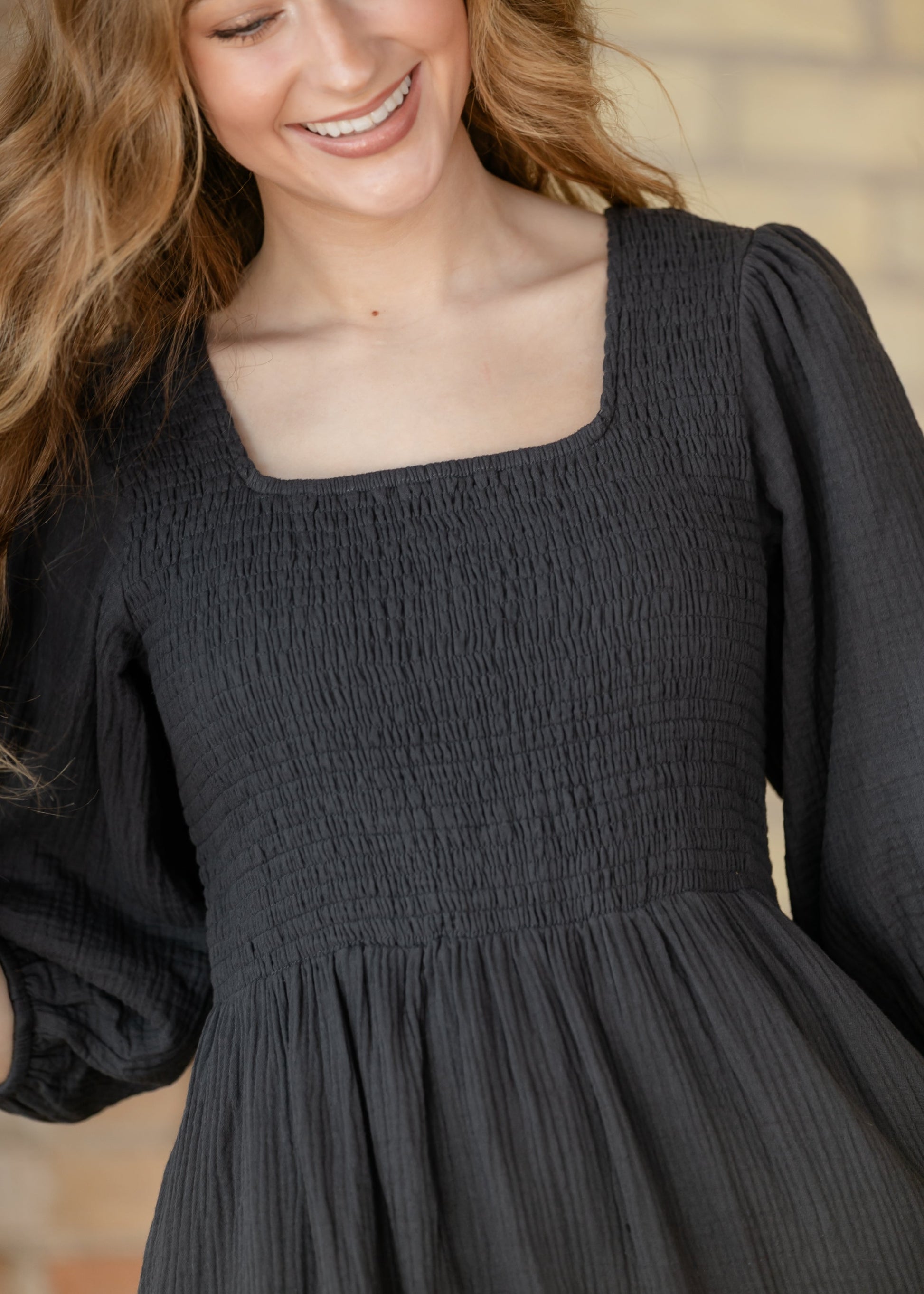 Kayleen Dusty Navy Smocked Bodice Gauze Dress IC Dresses