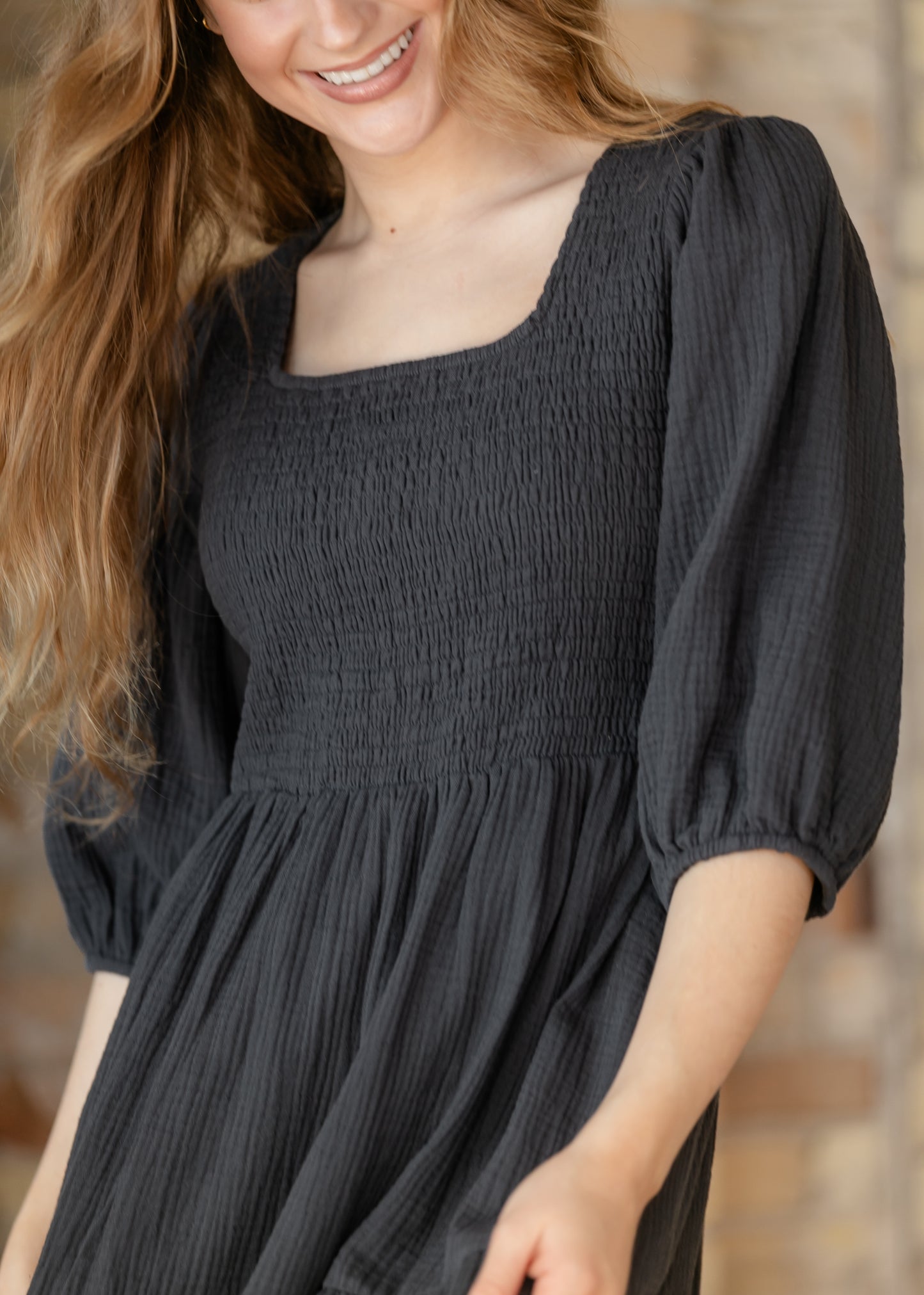 Kayleen Dusty Navy Smocked Bodice Gauze Dress IC Dresses