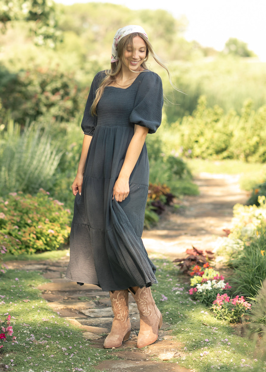 Kayleen Dusty Navy Smocked Bodice Gauze Dress IC Dresses