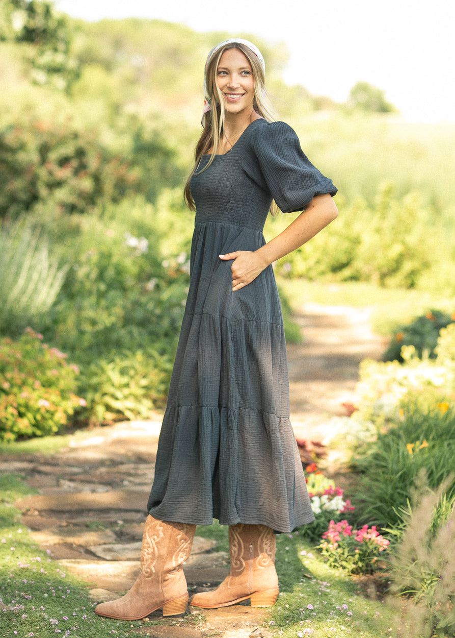 Kayleen Dusty Navy Smocked Bodice Gauze Dress IC Dresses