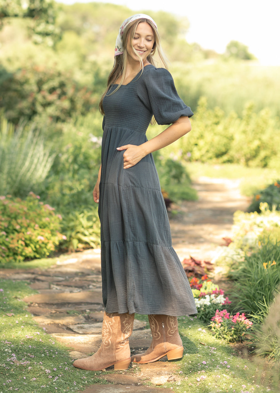 Kayleen Dusty Navy Smocked Bodice Gauze Dress IC Dresses