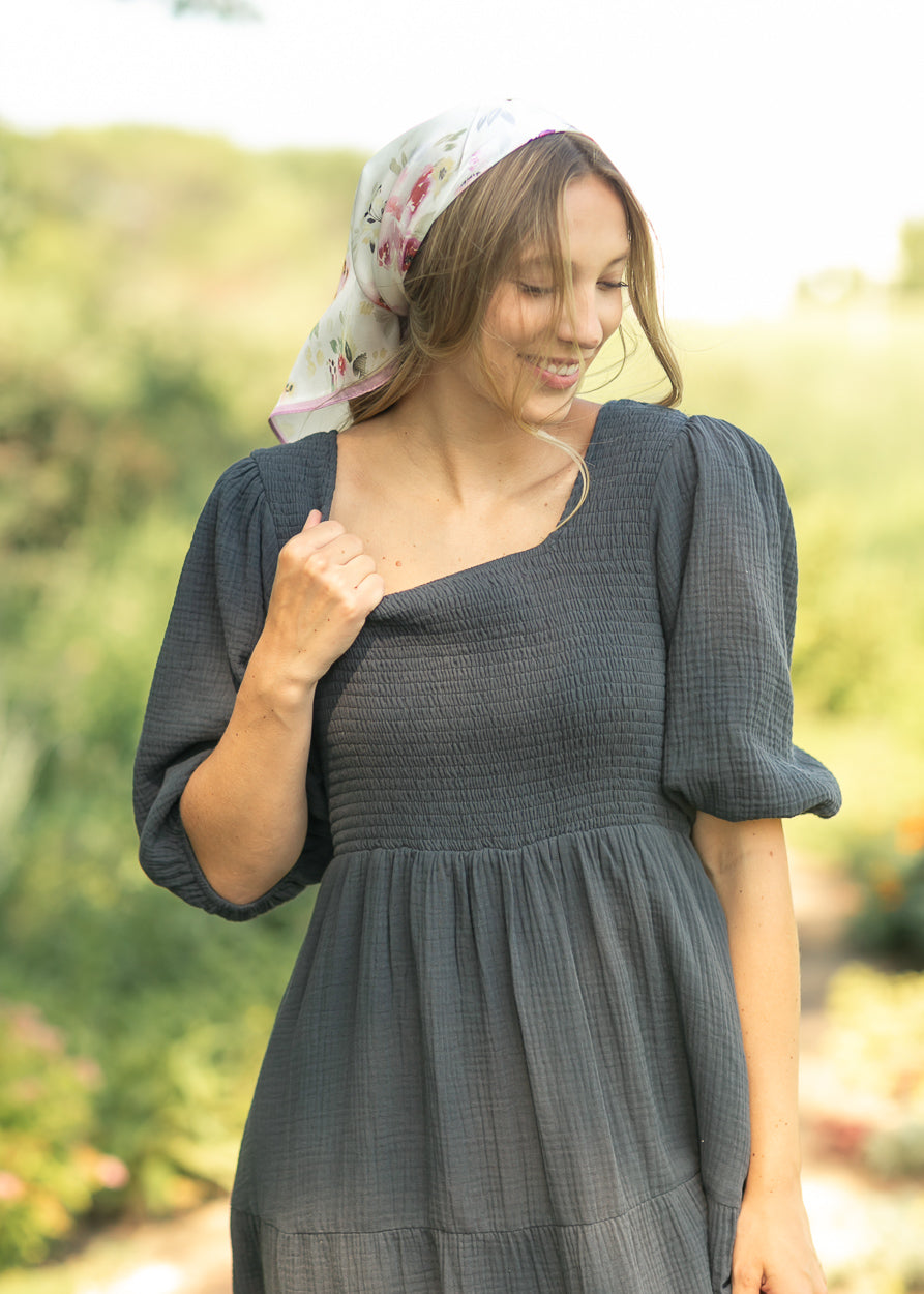Kayleen Dusty Navy Smocked Bodice Gauze Dress IC Dresses