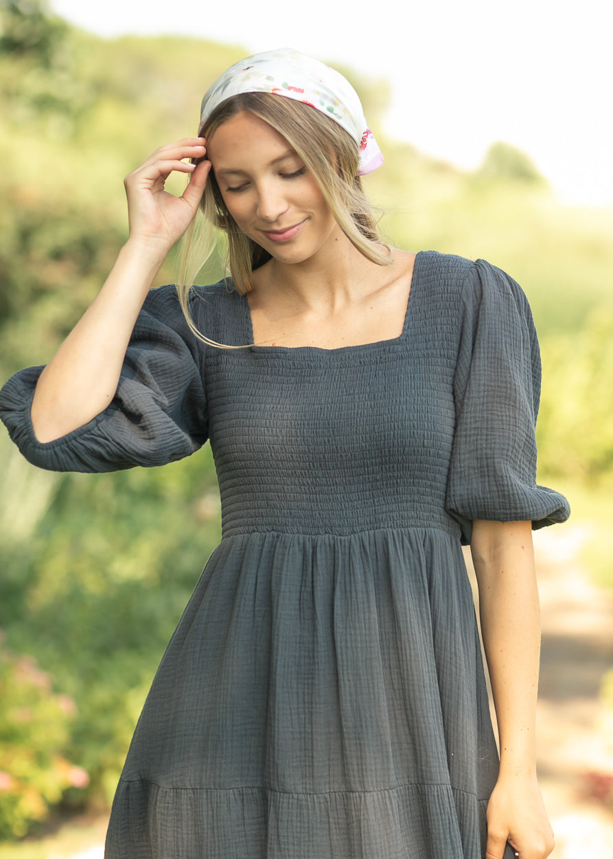 Kayleen Dusty Navy Smocked Bodice Gauze Dress IC Dresses