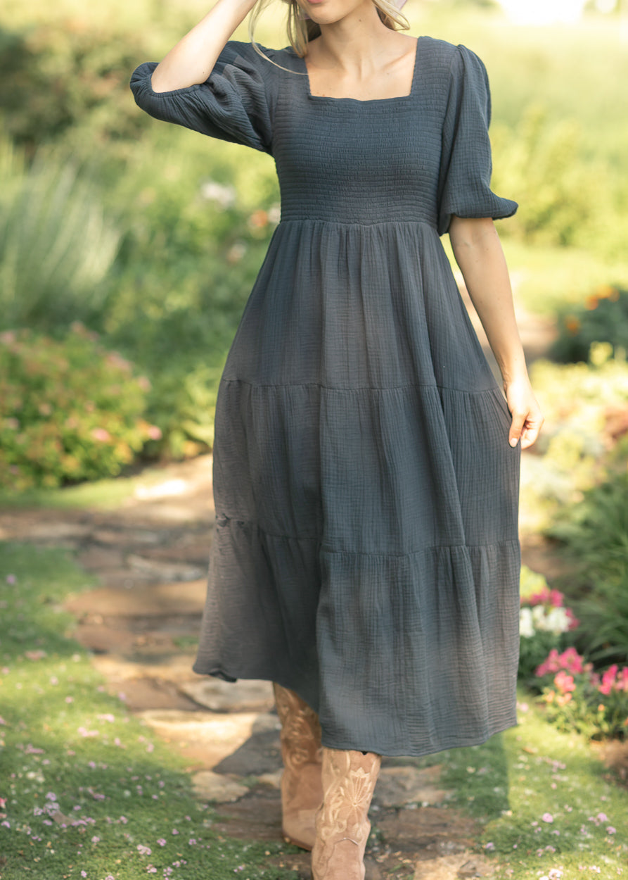 Kayleen Dusty Navy Smocked Bodice Gauze Dress IC Dresses