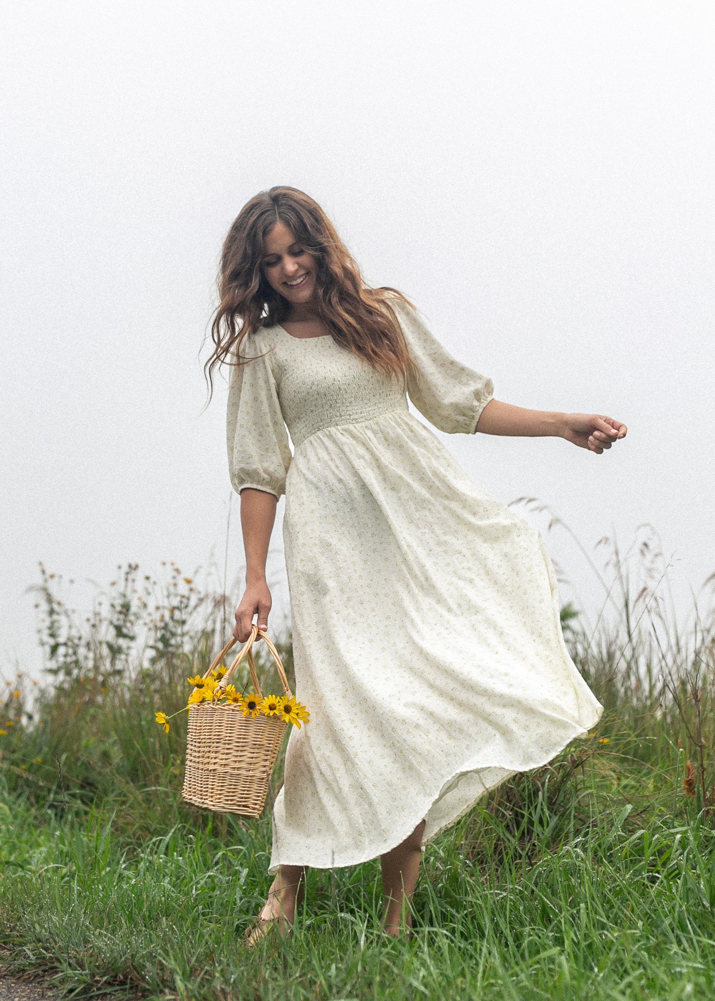 Kayleen Ivory Floral Smocked Bodice Maxi Dress – Inherit Co