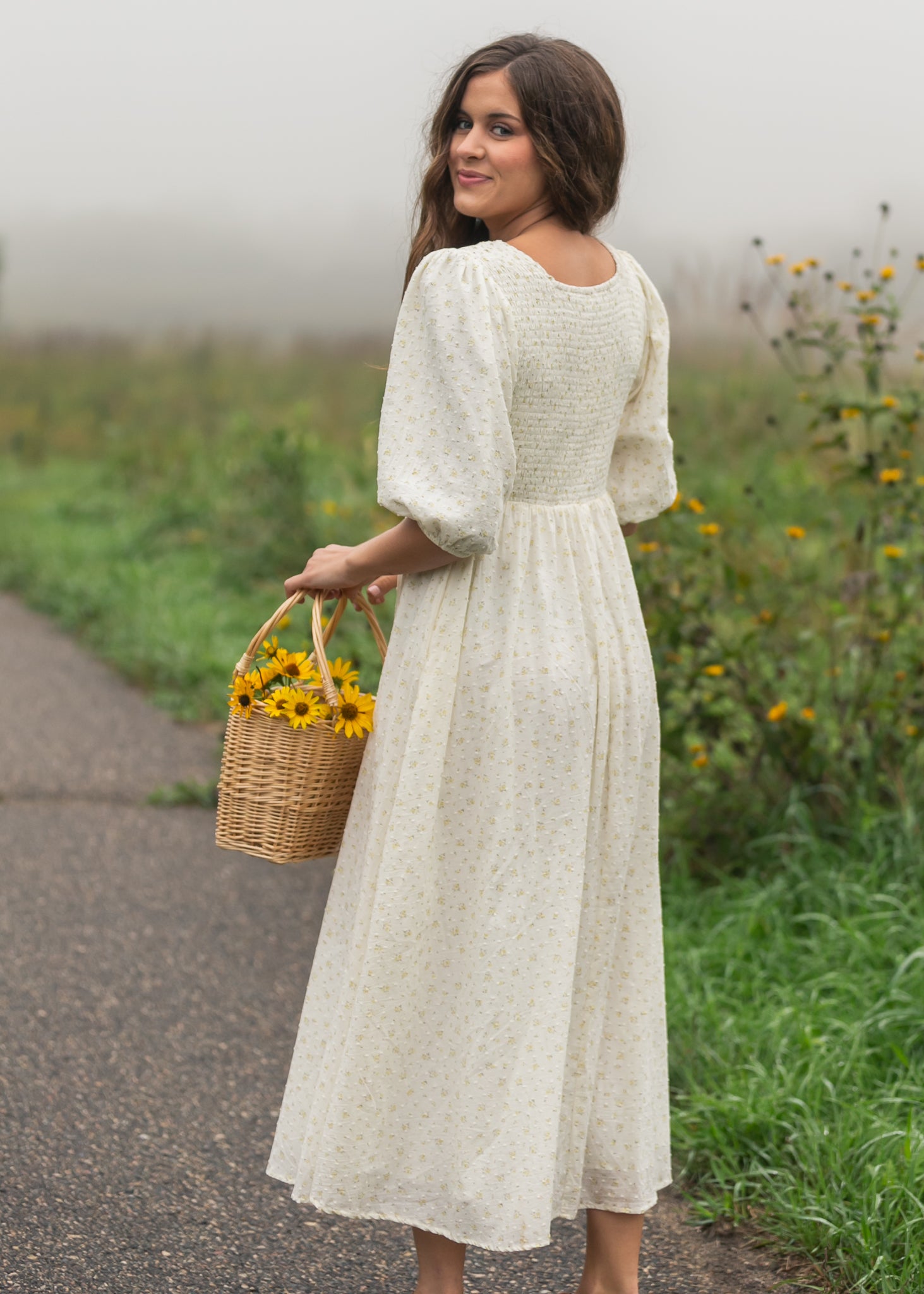 Kayleen Ivory Floral Smocked Bodice Maxi Dress XS