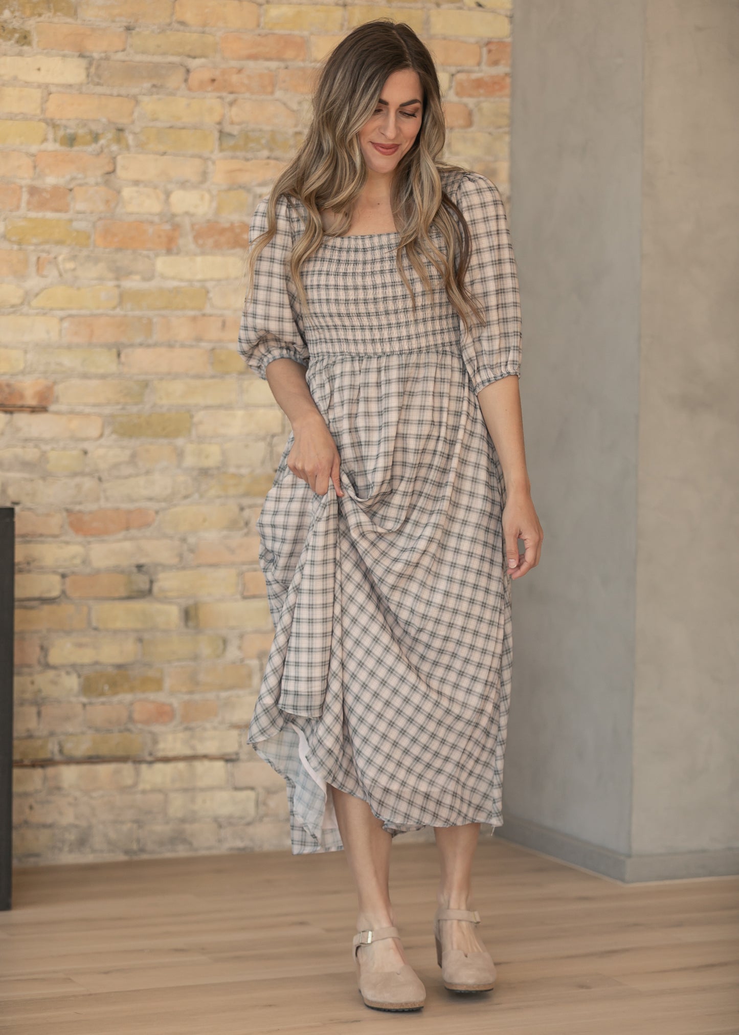 Kayleen Ivory Plaid Smocked Bodice Maxi Dress IC Dresses