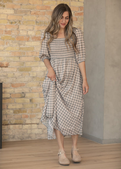 Kayleen Ivory Plaid Smocked Bodice Maxi Dress IC Dresses