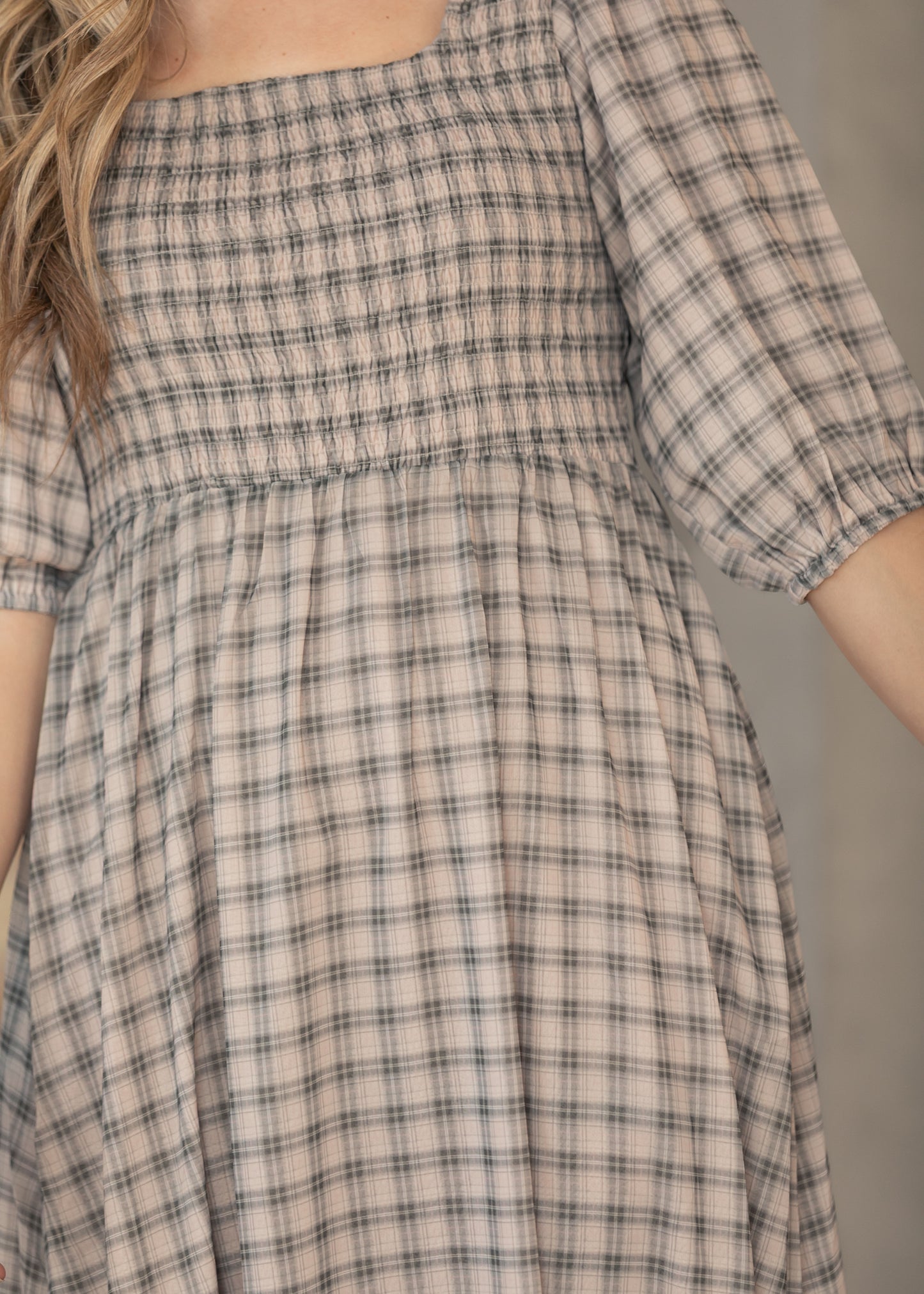 Kayleen Ivory Plaid Smocked Bodice Maxi Dress IC Dresses