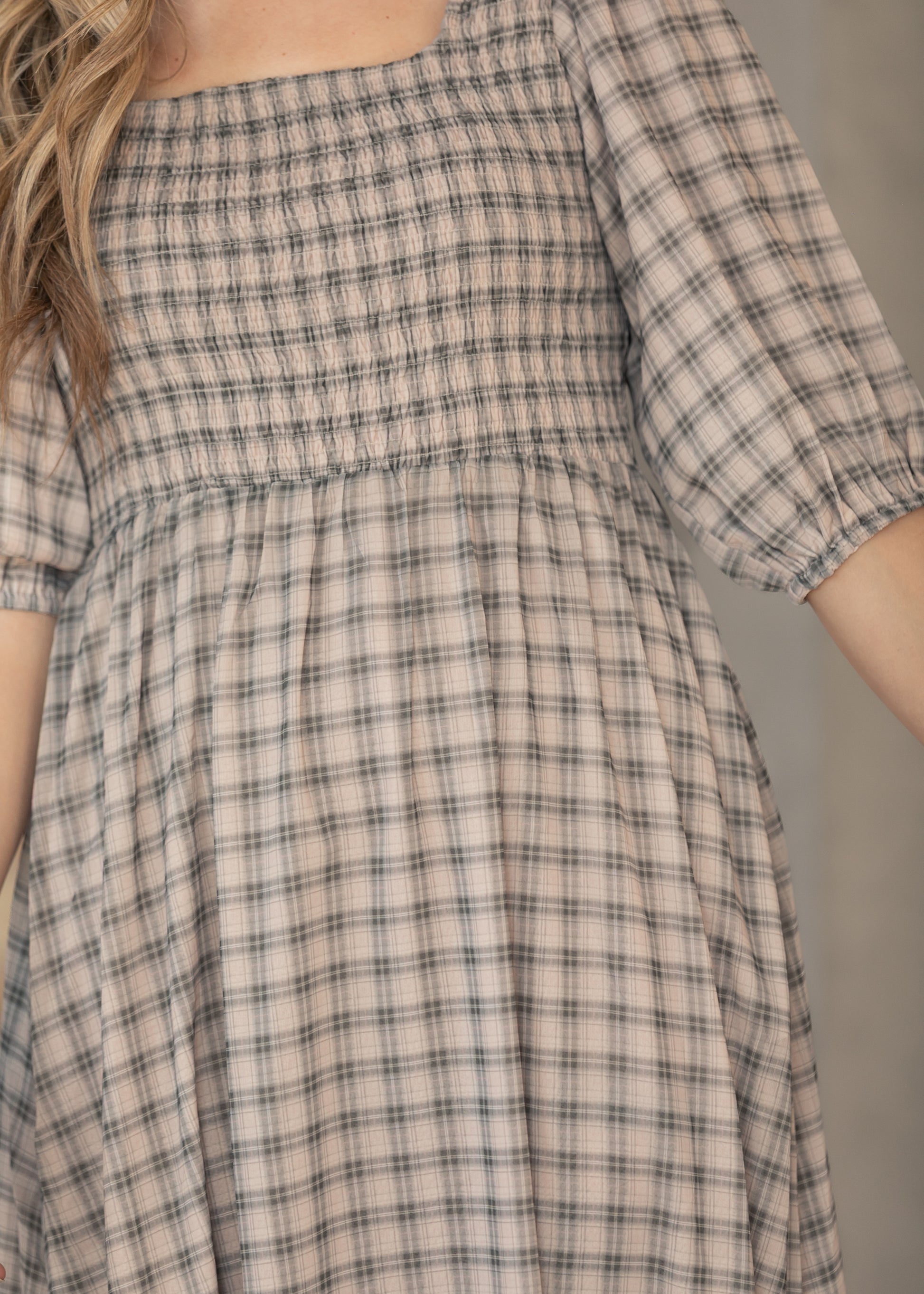 Kayleen Ivory Plaid Smocked Bodice Maxi Dress IC Dresses
