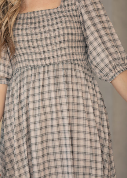 Kayleen Ivory Plaid Smocked Bodice Maxi Dress IC Dresses