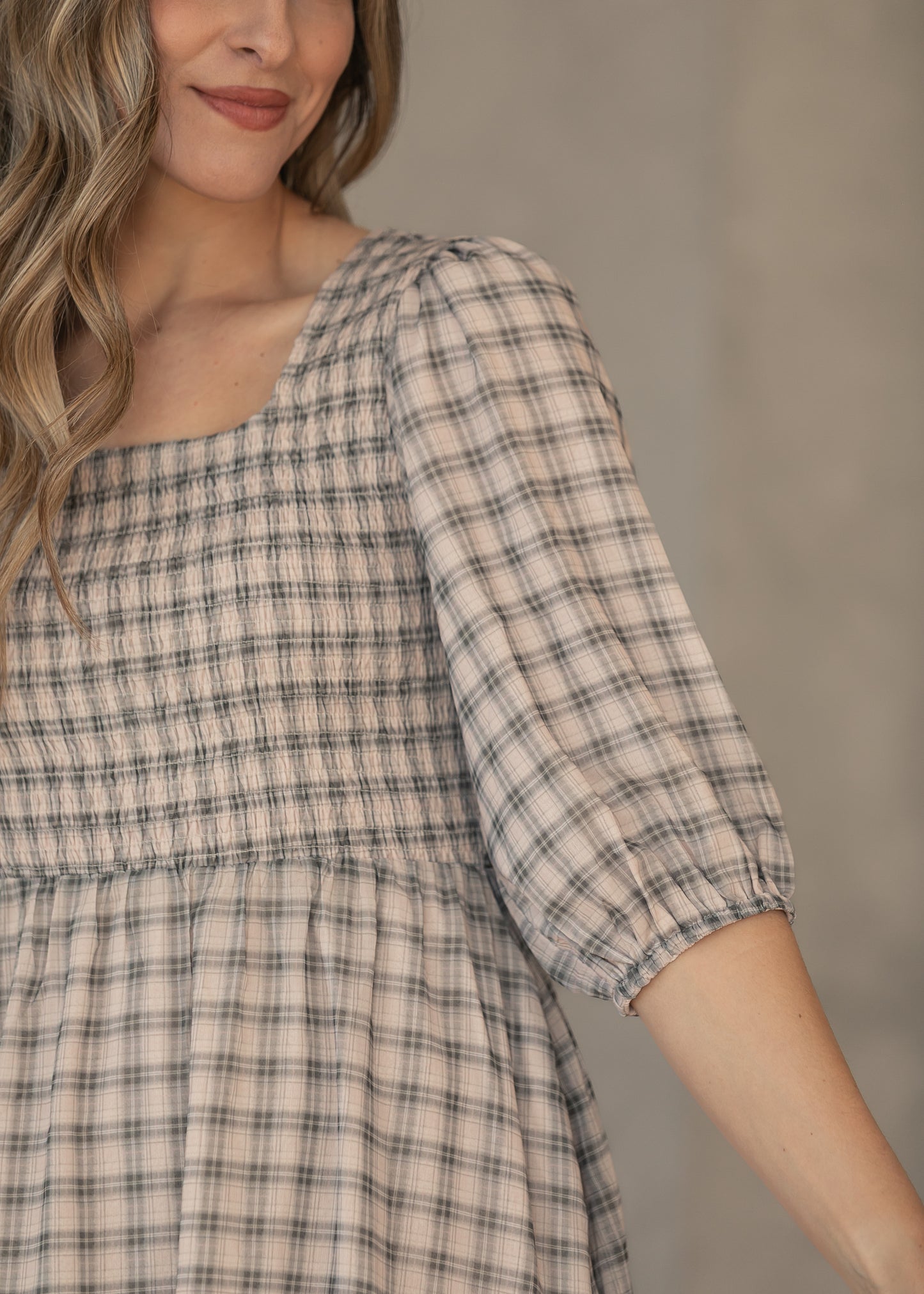 Kayleen Ivory Plaid Smocked Bodice Maxi Dress IC Dresses