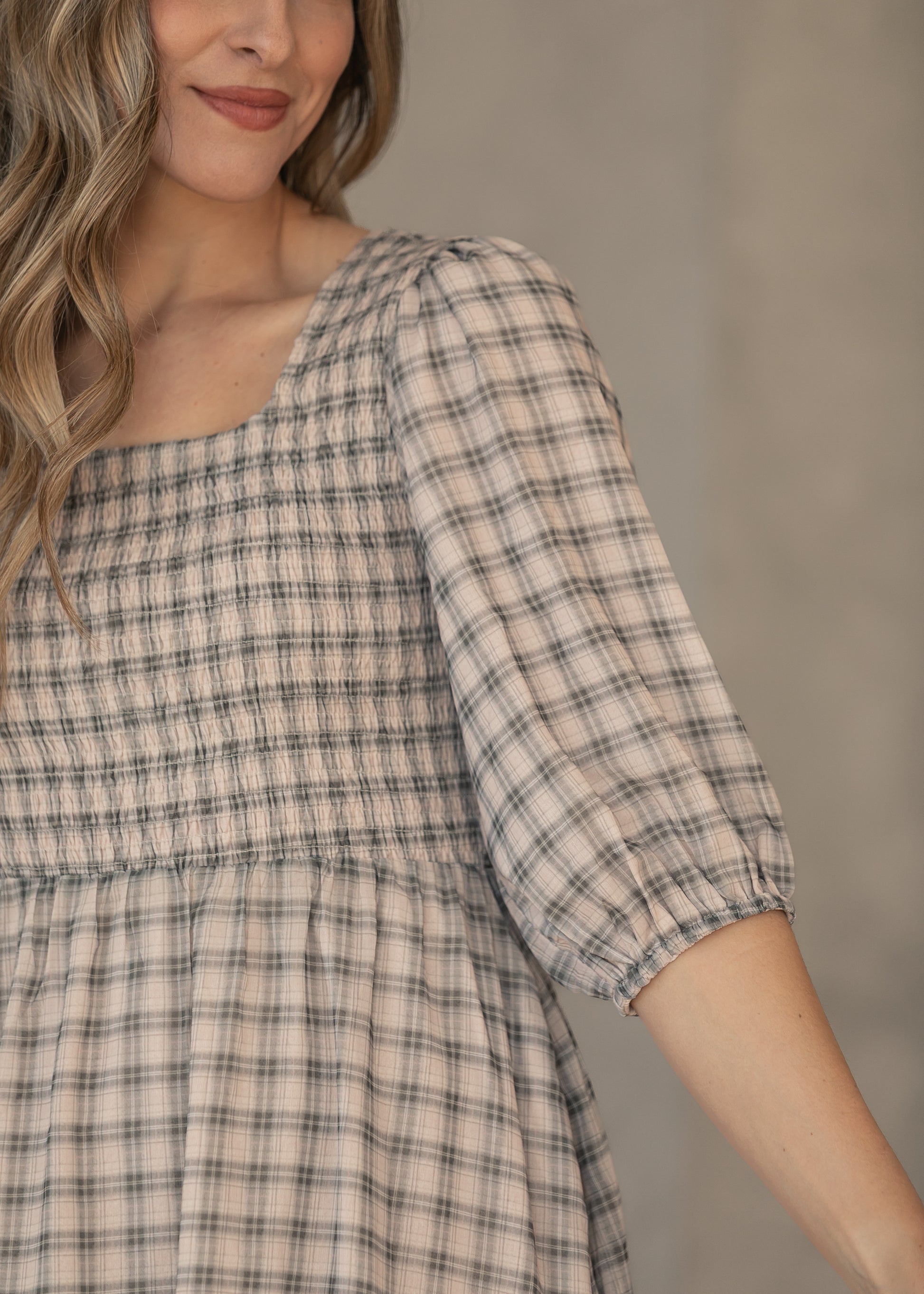 Kayleen Ivory Plaid Smocked Bodice Maxi Dress IC Dresses