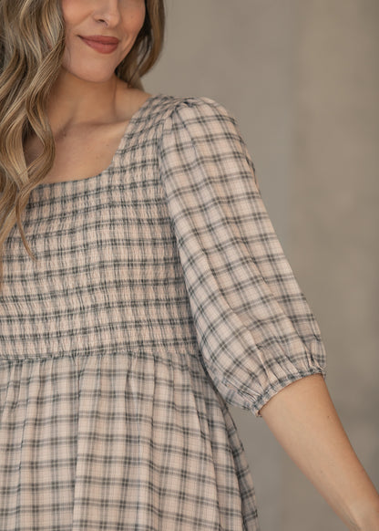 Kayleen Ivory Plaid Smocked Bodice Maxi Dress IC Dresses