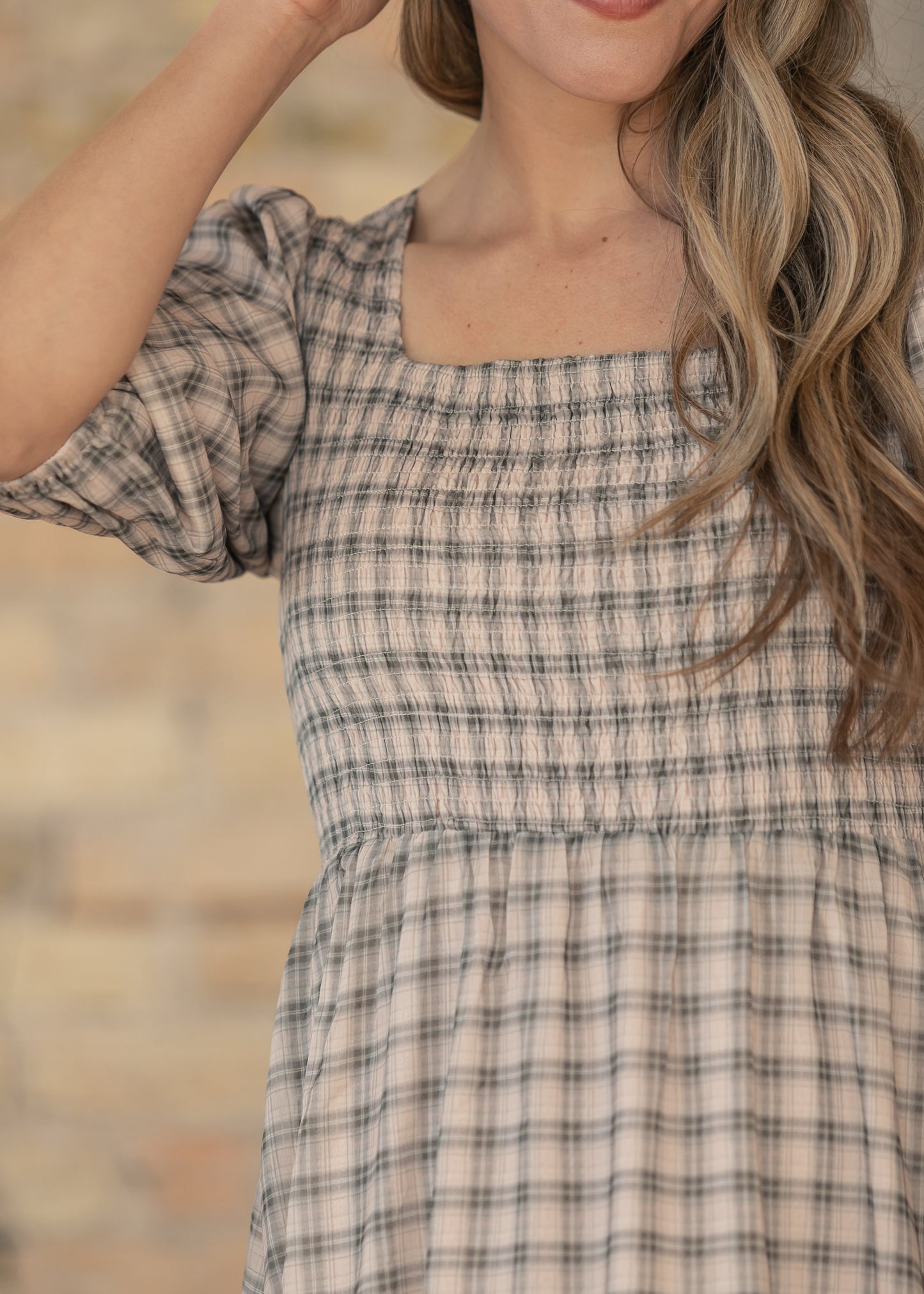 Kayleen Ivory Plaid Smocked Bodice Maxi Dress IC Dresses
