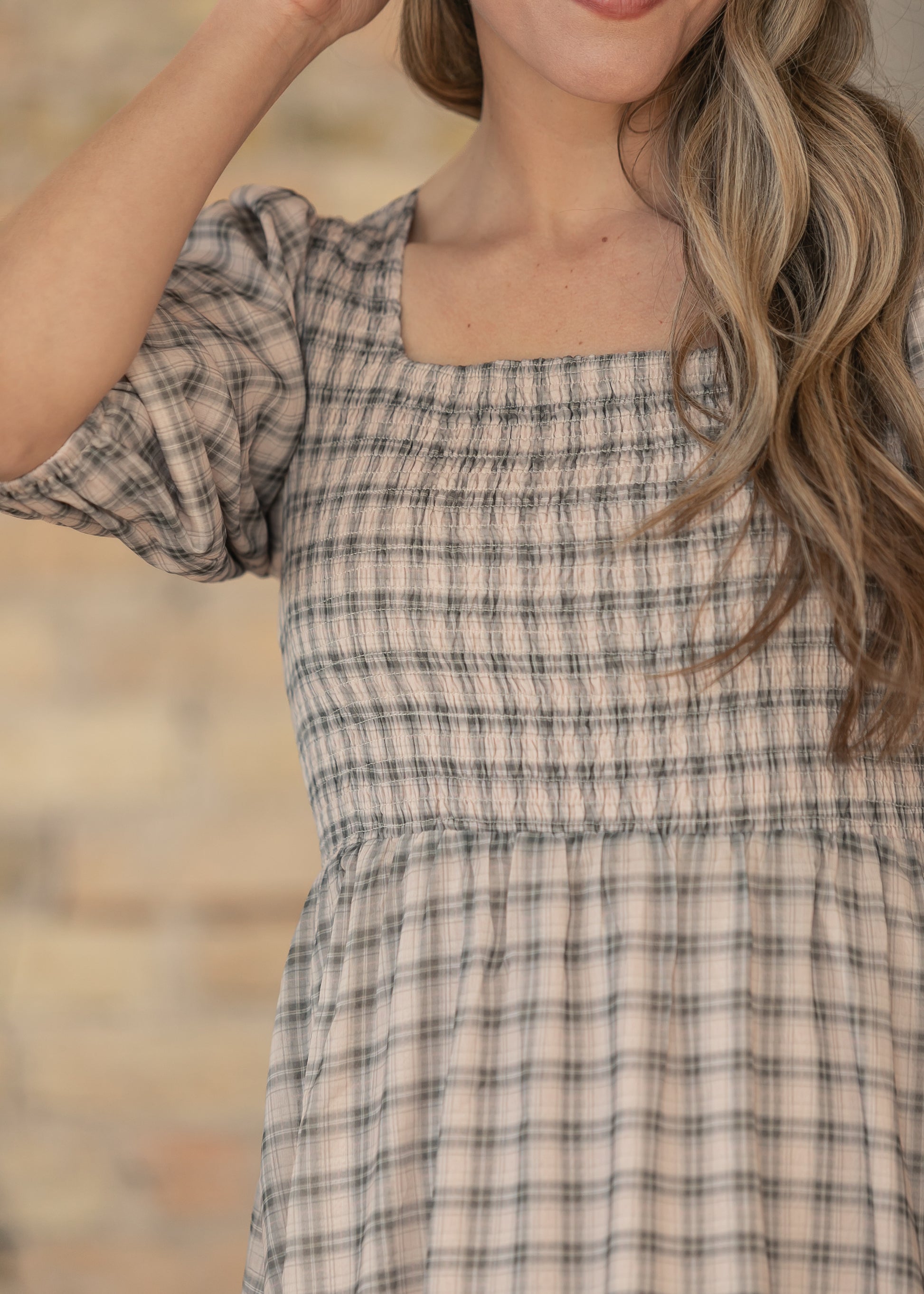 Kayleen Ivory Plaid Smocked Bodice Maxi Dress IC Dresses