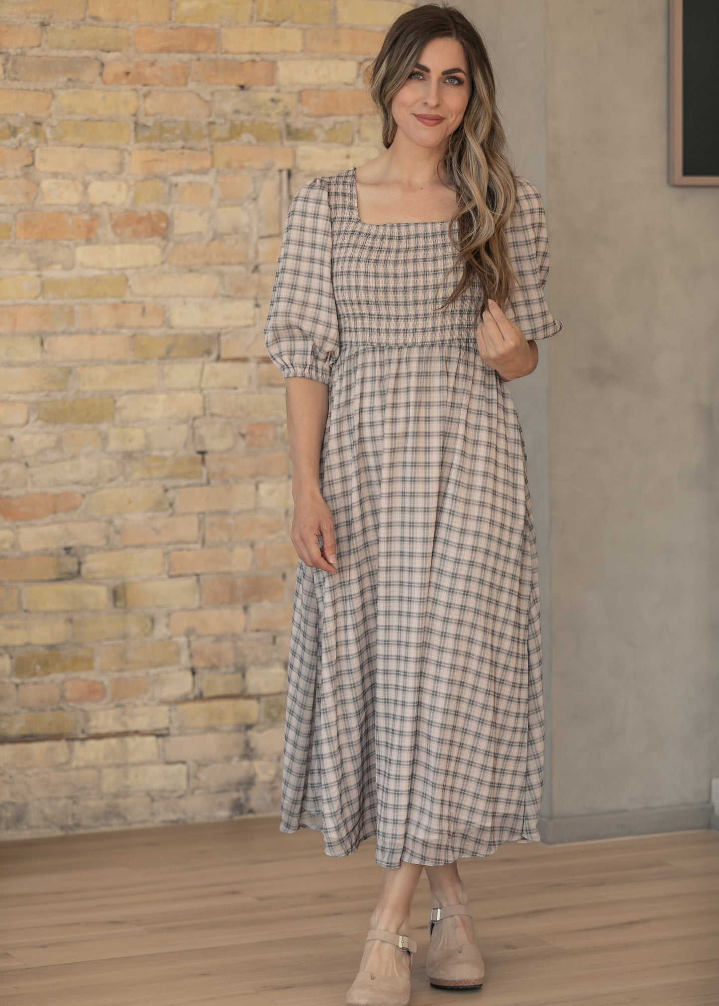Kayleen Ivory Plaid Smocked Bodice Maxi Dress IC Dresses