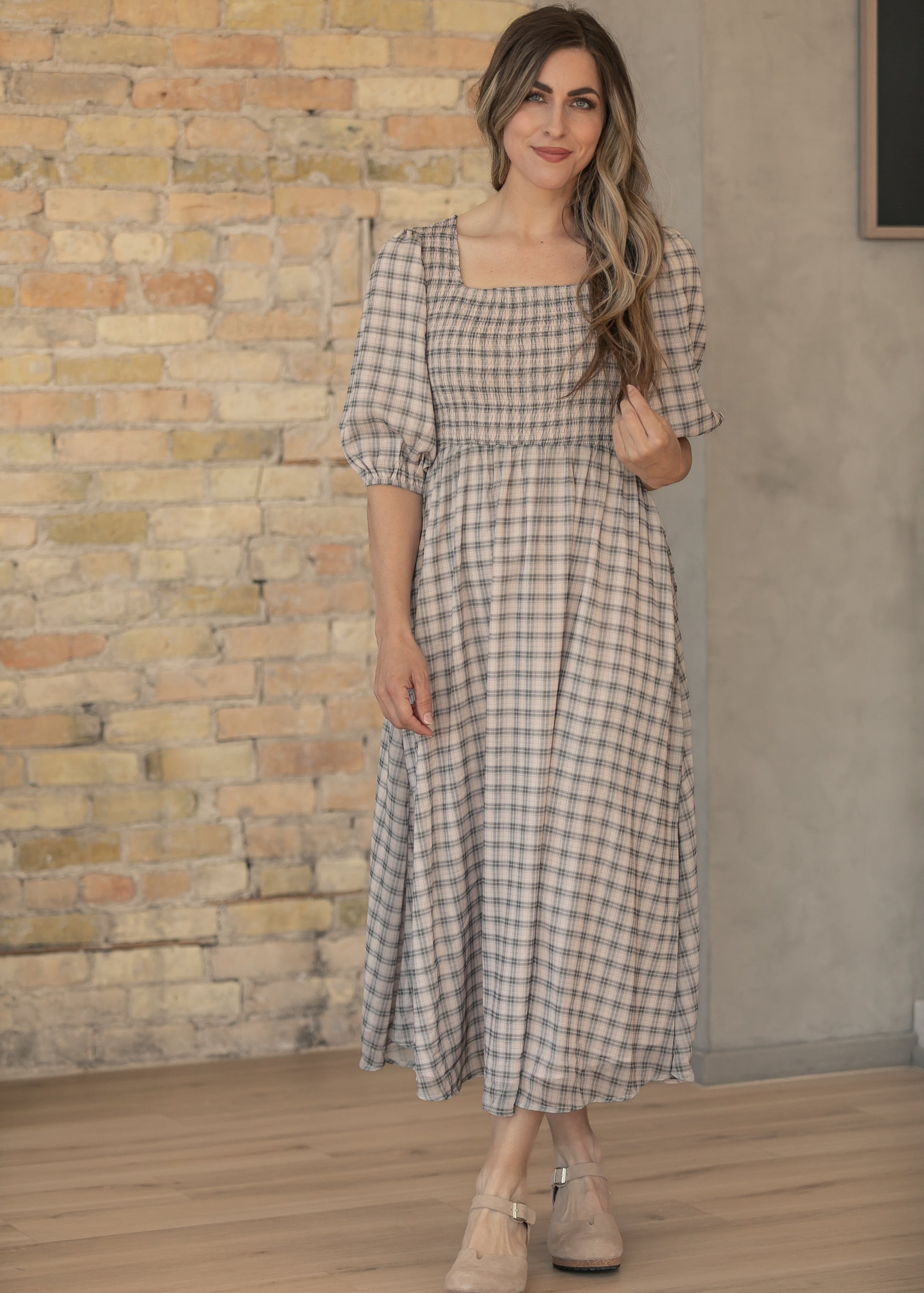 Kayleen Ivory Plaid Smocked Bodice Maxi Dress IC Dresses