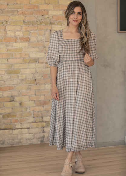 Kayleen Ivory Plaid Smocked Bodice Maxi Dress IC Dresses