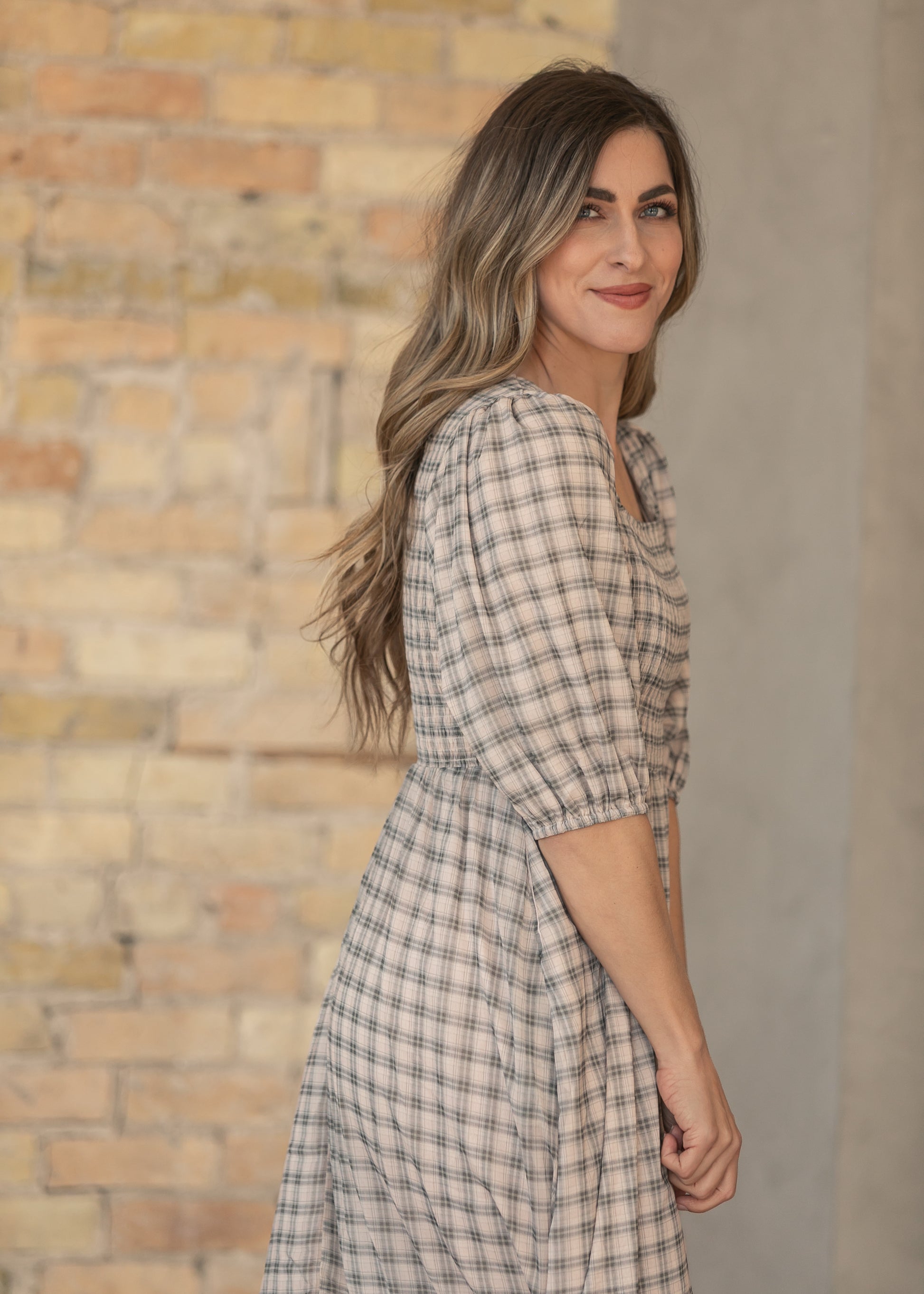 Kayleen Ivory Plaid Smocked Bodice Maxi Dress IC Dresses