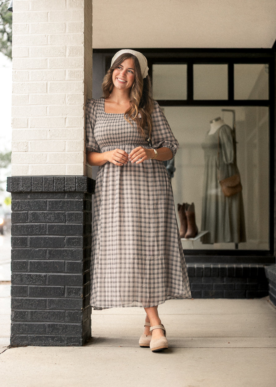Kayleen Ivory Plaid Smocked Bodice Maxi Dress IC Dresses