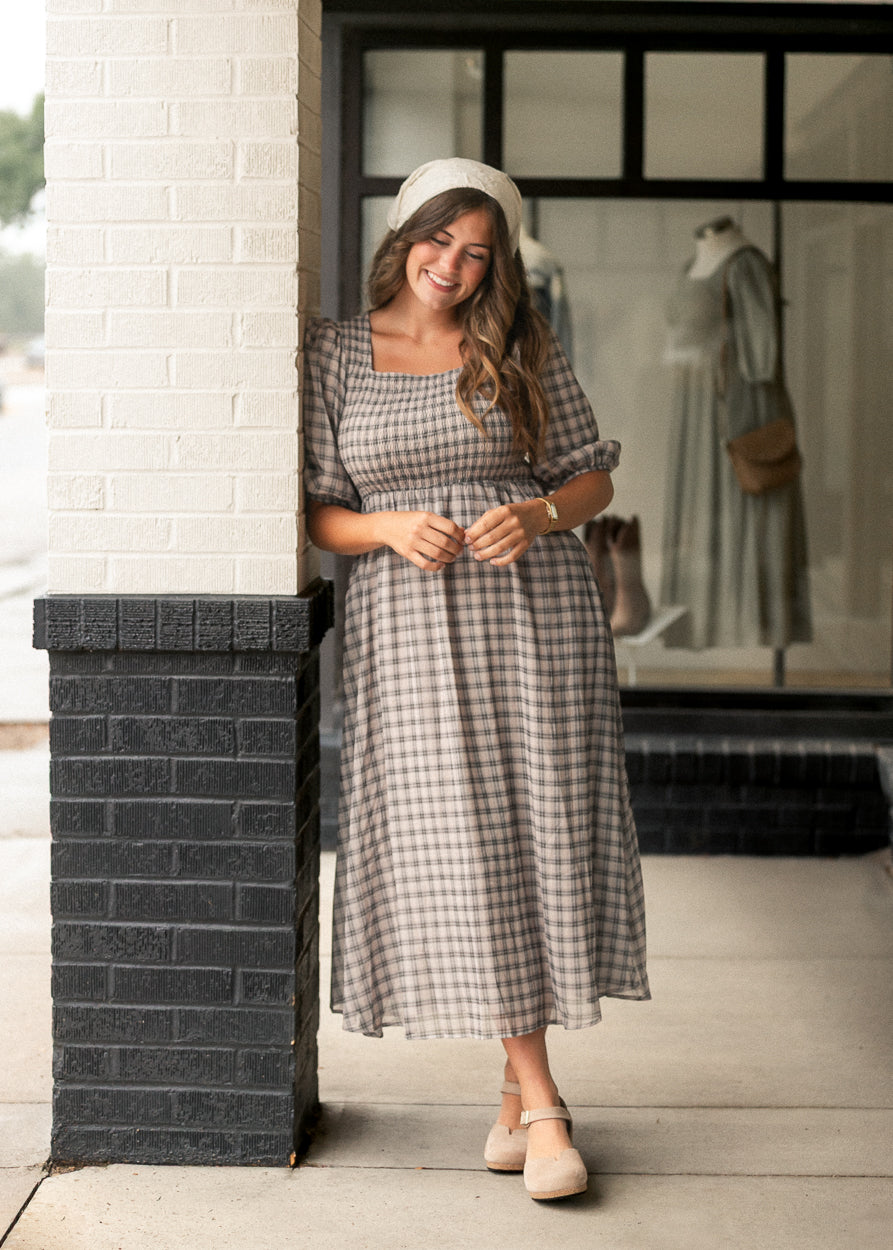 Kayleen Ivory Plaid Smocked Bodice Maxi Dress IC Dresses