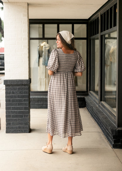 Kayleen Ivory Plaid Smocked Bodice Maxi Dress IC Dresses