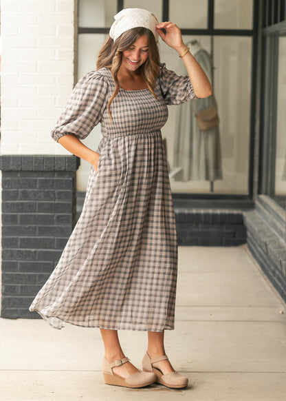 Kayleen Ivory Plaid Smocked Bodice Maxi Dress IC Dresses