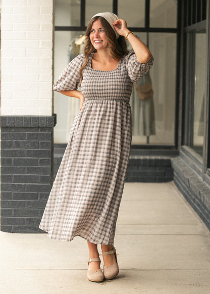 Kayleen Ivory Plaid Smocked Bodice Maxi Dress IC Dresses