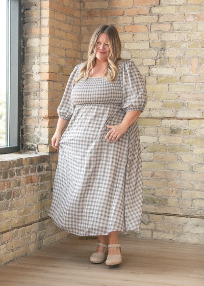 Kayleen Ivory Plaid Smocked Bodice Maxi Dress IC Dresses 1XL