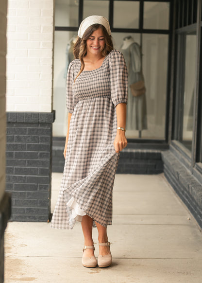 Kayleen Ivory Plaid Smocked Bodice Maxi Dress IC Dresses XS