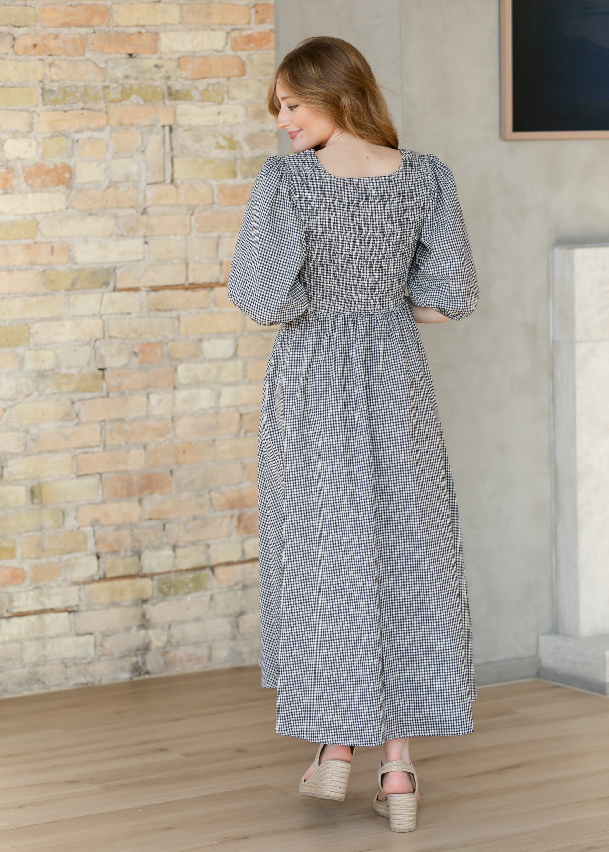 Kayleen Navy Gingham Smocked Maxi Dress, Medium Kayleen Navy Gingham Smocked Maxi Dress, Medium