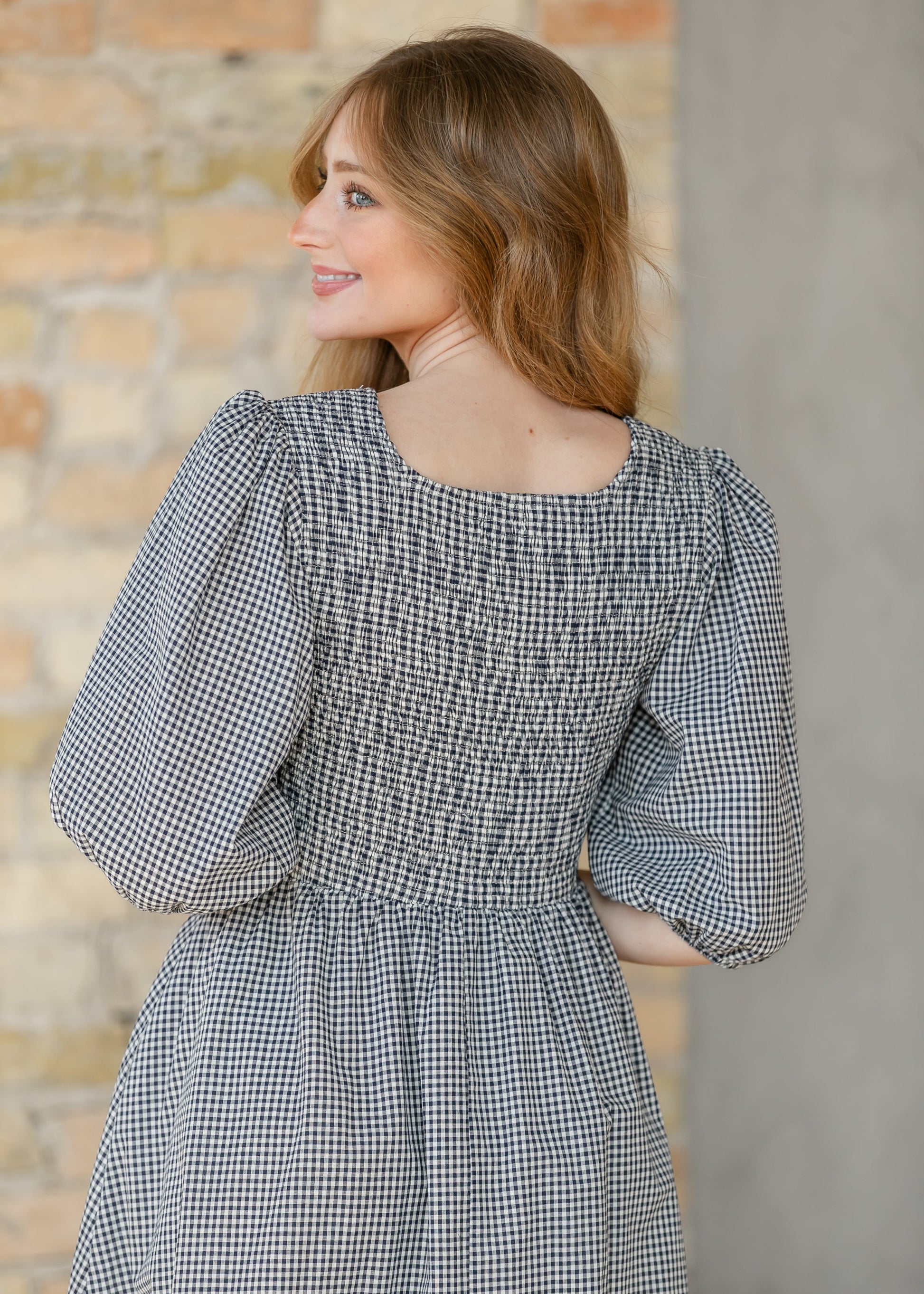 Kayleen Navy Gingham Smocked Maxi Dress IC Dresses