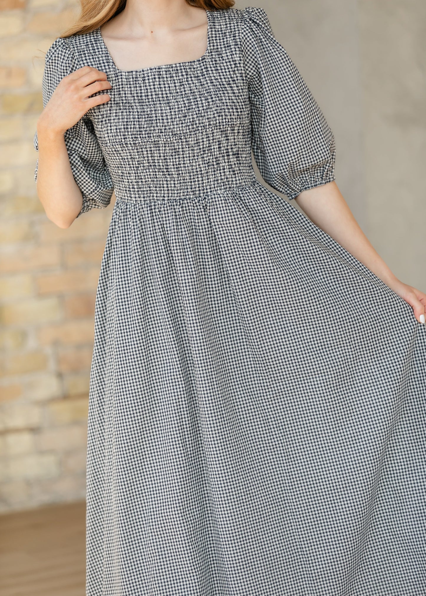 Kayleen Navy Gingham Smocked Maxi Dress IC Dresses