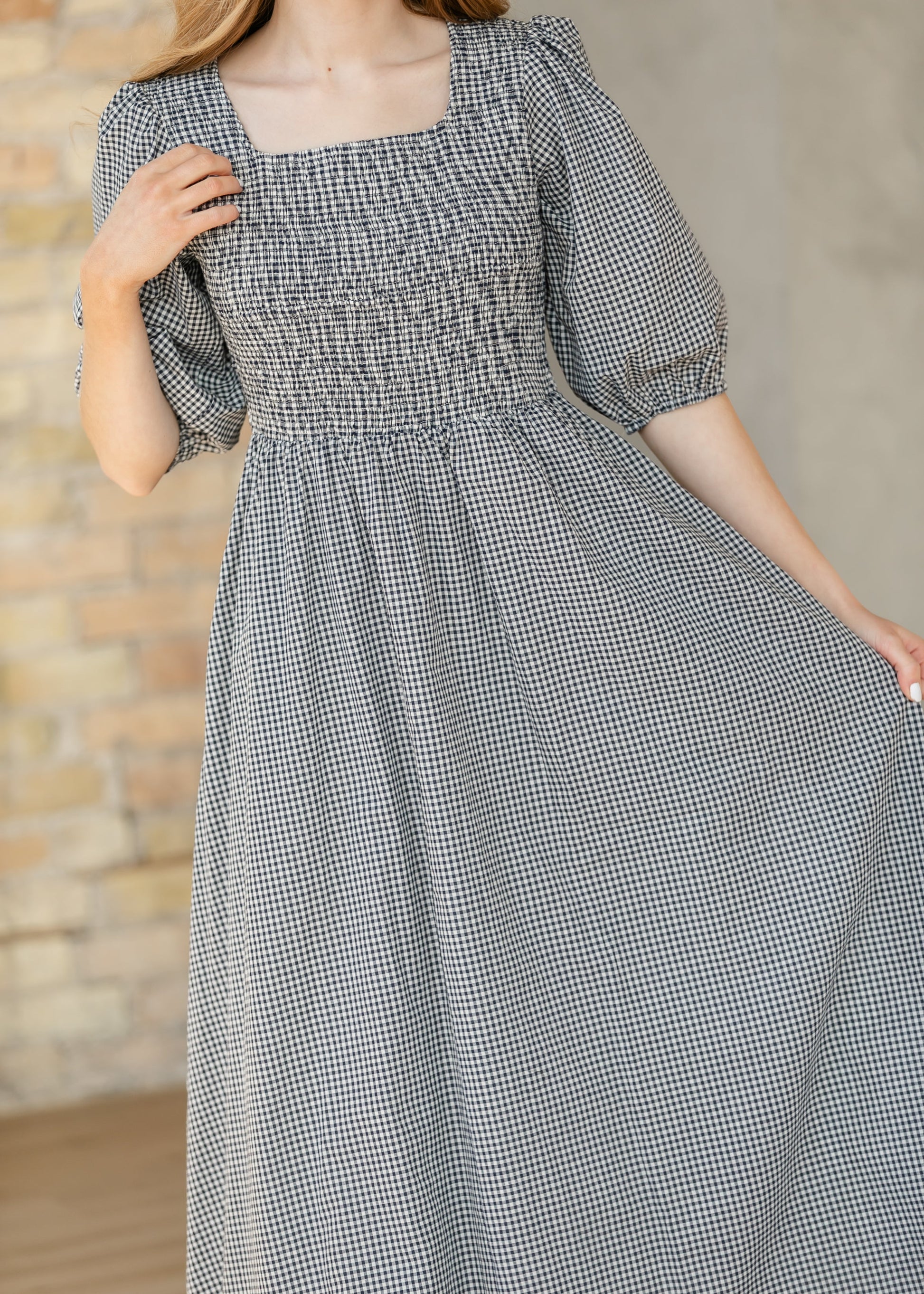 Kayleen Navy Gingham Smocked Maxi Dress IC Dresses