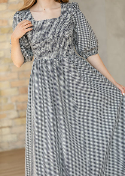 Kayleen Navy Gingham Smocked Maxi Dress IC Dresses