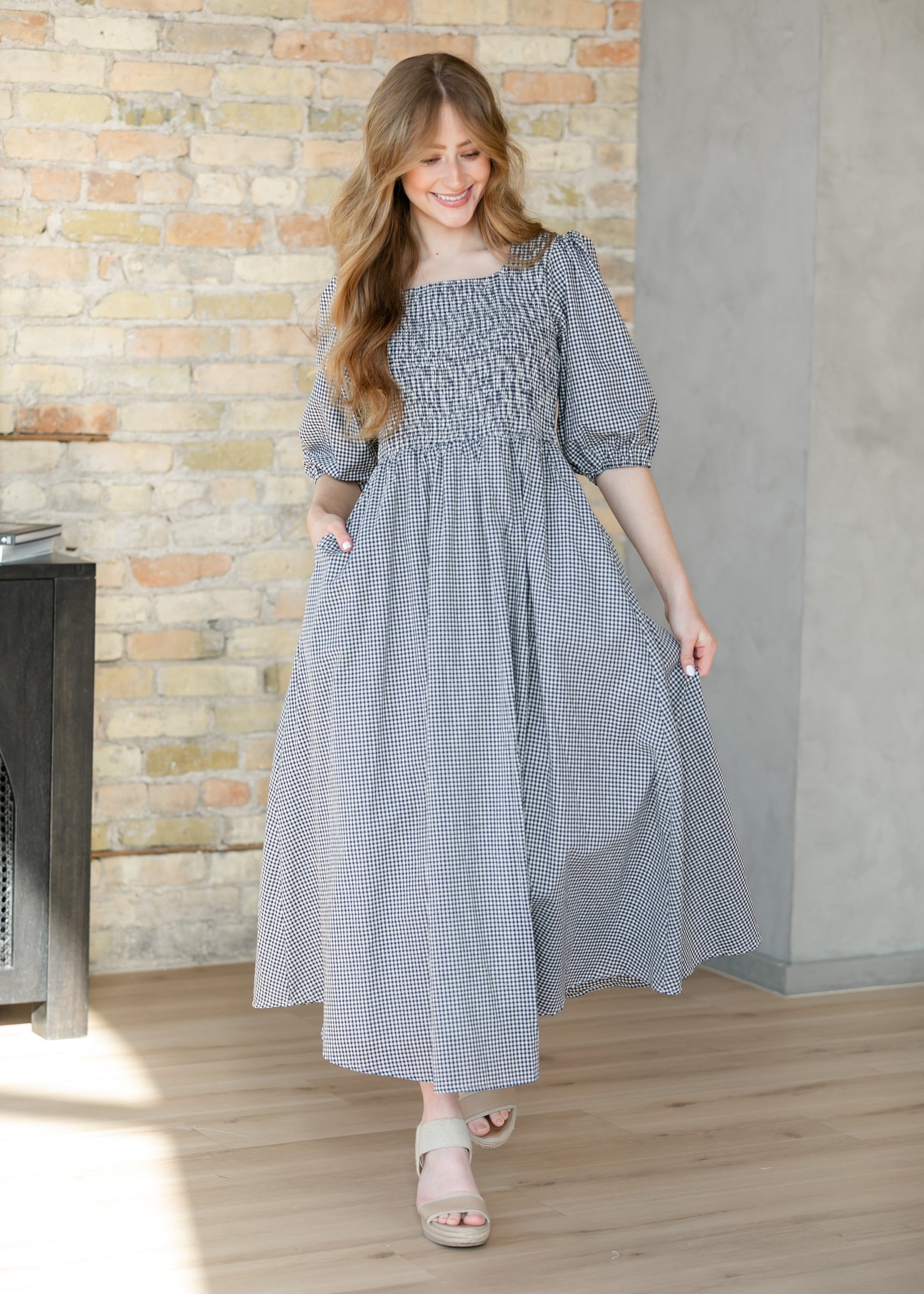 Kayleen Navy Gingham Smocked Maxi Dress IC Dresses