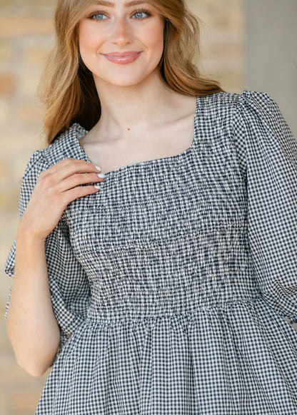 Kayleen Navy Gingham Smocked Maxi Dress IC Dresses