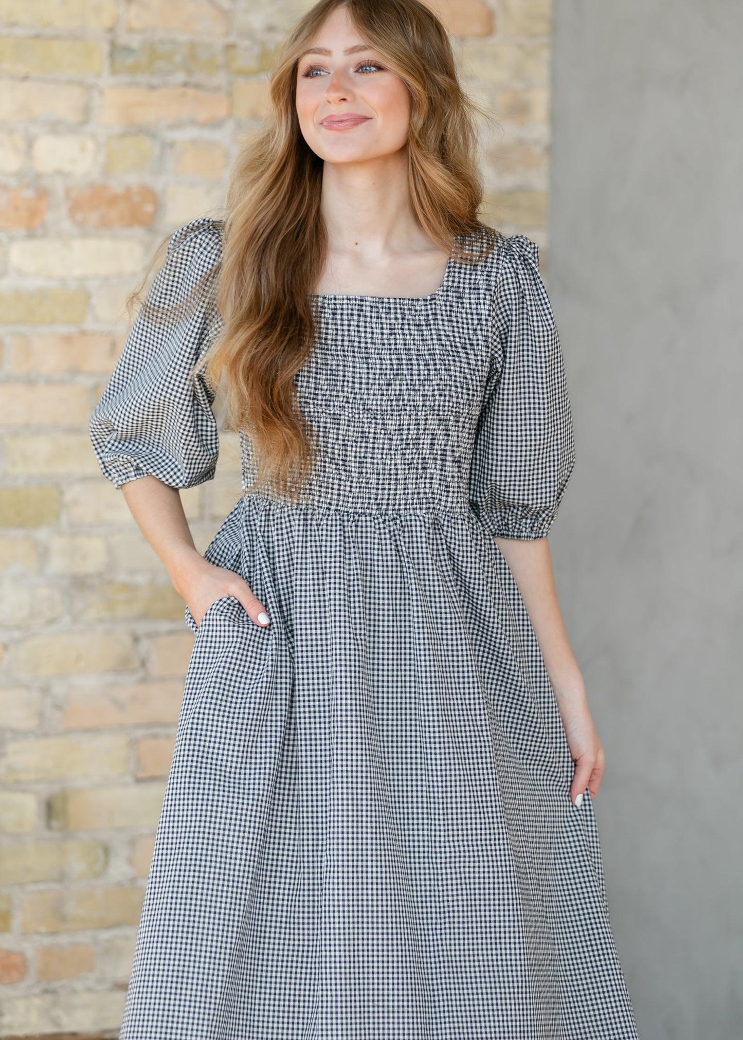 Kayleen Navy Gingham Smocked Maxi Dress IC Dresses