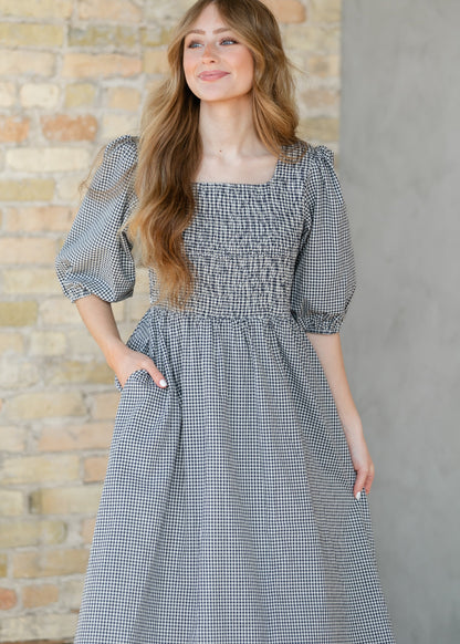 Kayleen Navy Gingham Smocked Maxi Dress IC Dresses