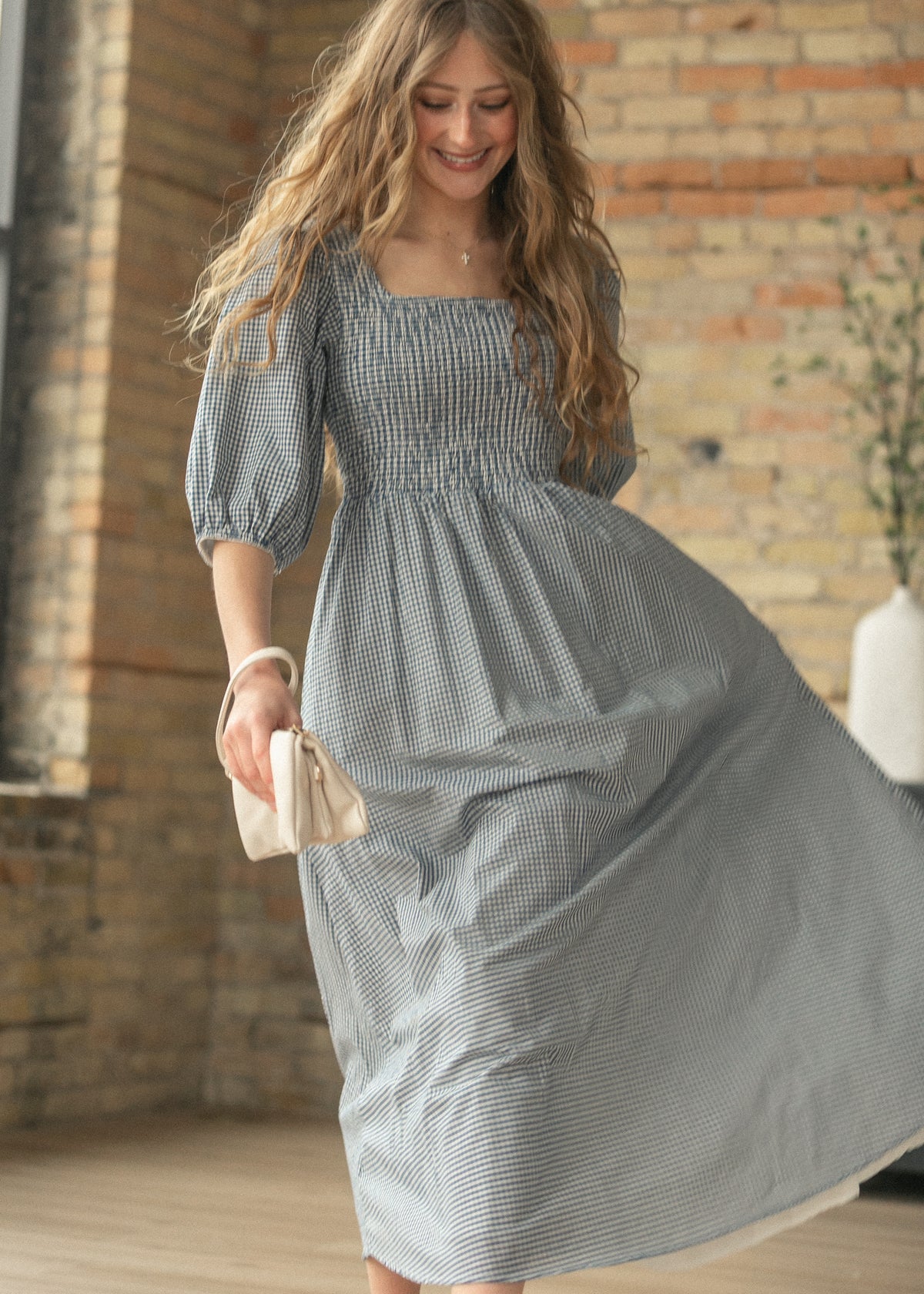 Kayleen Navy Gingham Smocked Maxi Dress IC Dresses