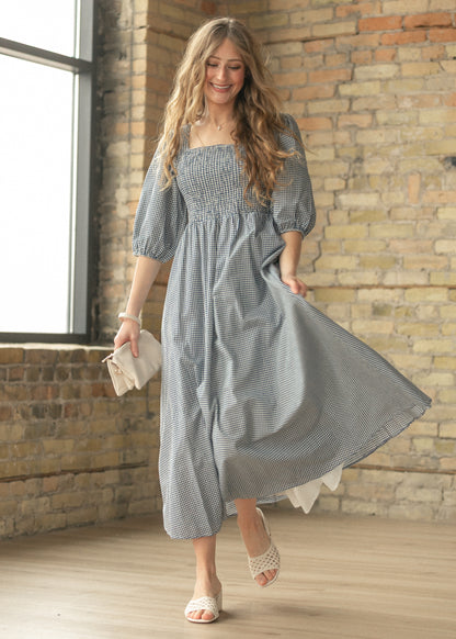 Kayleen Navy Gingham Smocked Maxi Dress IC Dresses