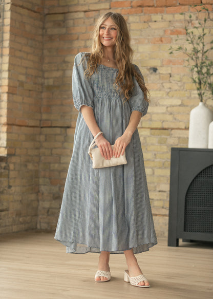 Kayleen Navy Gingham Smocked Maxi Dress IC Dresses