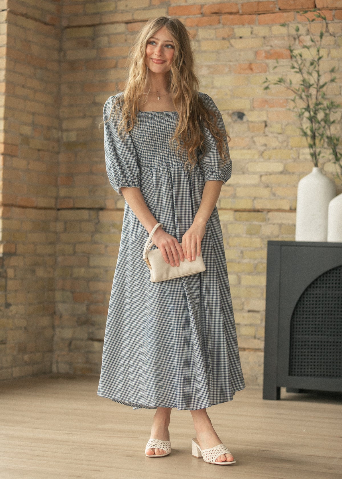 Kayleen Navy Gingham Smocked Maxi Dress IC Dresses XS