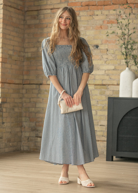 Kayleen Navy Gingham Smocked Maxi Dress IC Dresses XS