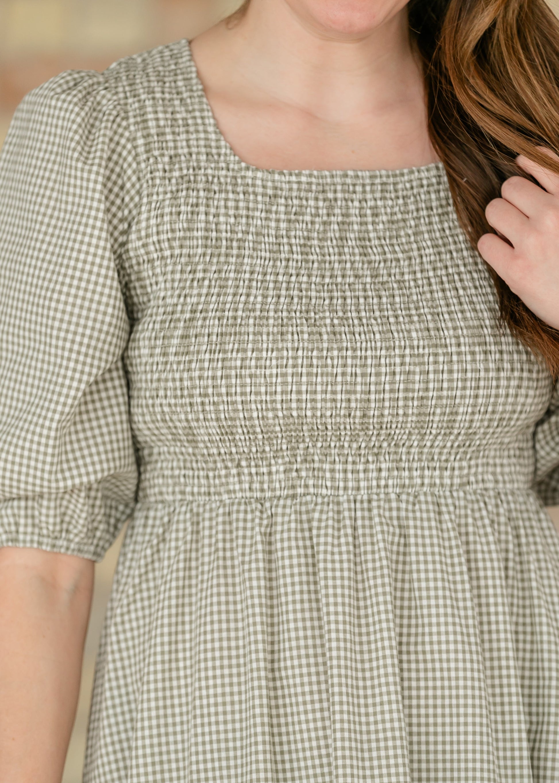 Kayleen Olive Gingham Smocked Bodice Maxi Dress IC Dresses