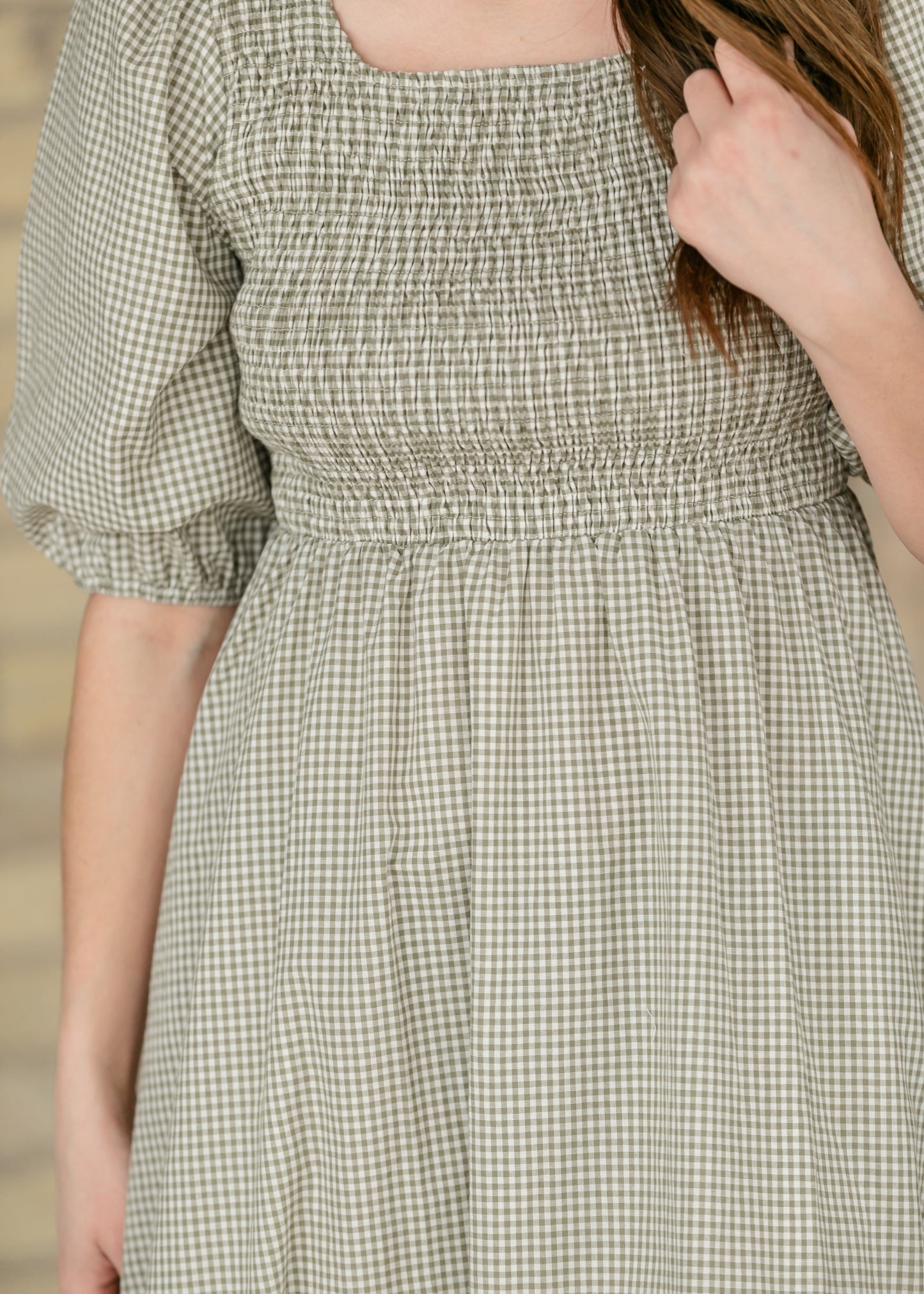 Kayleen Olive Gingham Smocked Bodice Maxi Dress IC Dresses