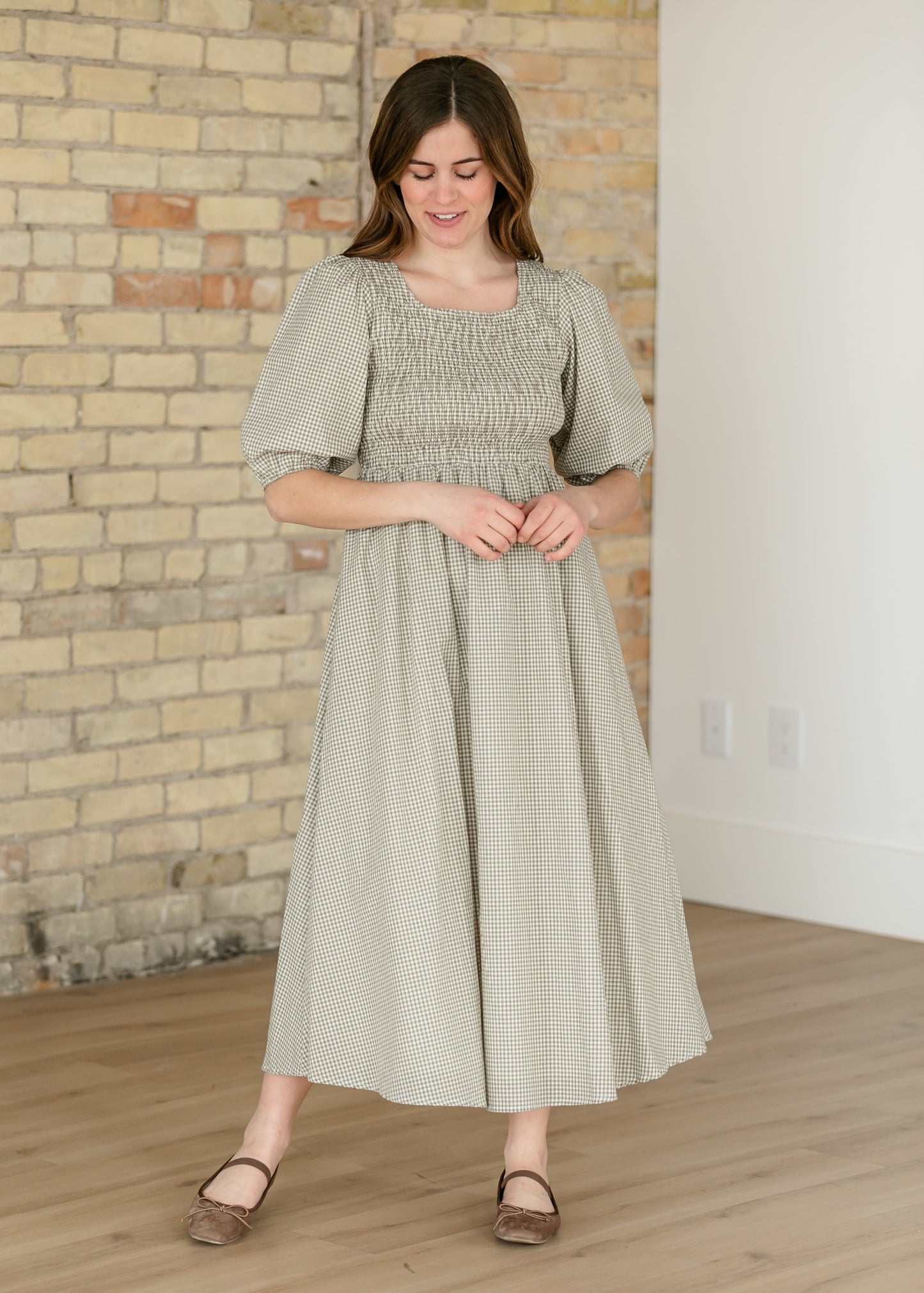 Kayleen Olive Gingham Smocked Bodice Maxi Dress IC Dresses