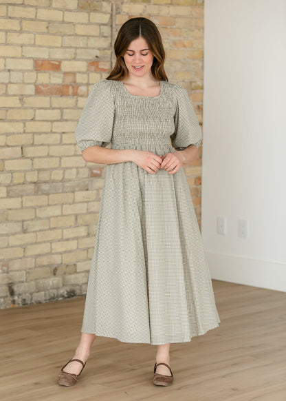 Kayleen Olive Gingham Smocked Bodice Maxi Dress IC Dresses